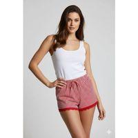 Çizgili Penye Kadın Ev Şortu Bacak Dantel Detaylı Ev Giyim Kırmızı