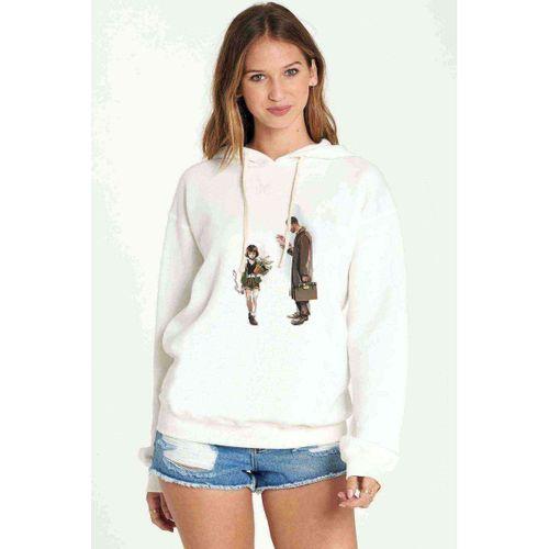Leon Baskılı Beyaz Kadın Kapşonlu Sweatshirt
