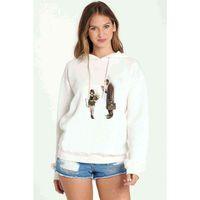 Leon Baskılı Beyaz Kadın Kapşonlu Sweatshirt