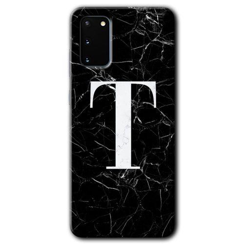 Samsung Galaxy S20 Kılıf HD Desen Baskılı Arka Kapak + Temperli Cam - Siyah Mermer Desenli T Harfi