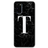 Samsung Galaxy S20 Kılıf HD Desen Baskılı Arka Kapak + Temperli Cam - Siyah Mermer Desenli T Harfi