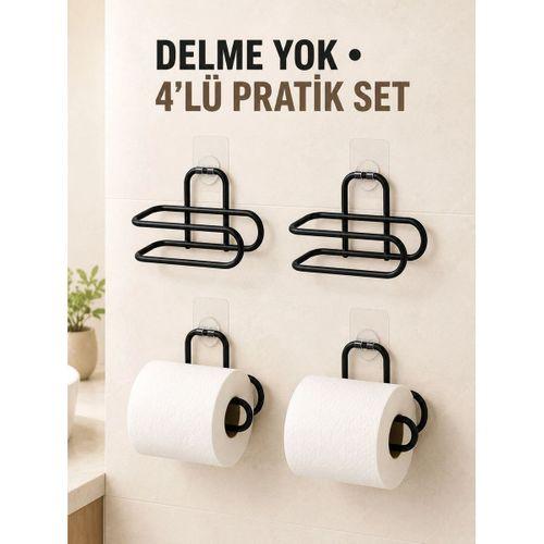 Siyah 4 Adet Metal Tuvalet Kağıdı Tutucu Kendinden Yapışkanlı Delmeden Montaj Banyo Askısı