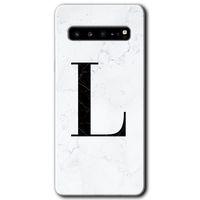 Potkal Hediye Fabrikası Samsung Galaxy S10 Plus Kılıf HD Desen Baskı Arka Kapak + TemperliCam - Beyaz Mermer Desenli L Harf