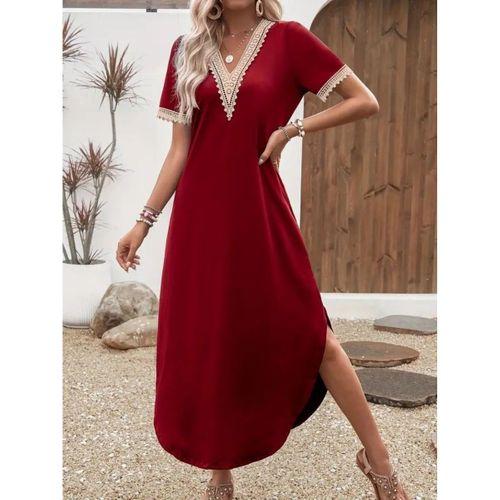 Kadın Kısa Kollu Dantel V Yakalı Uzun Viskon Elbise