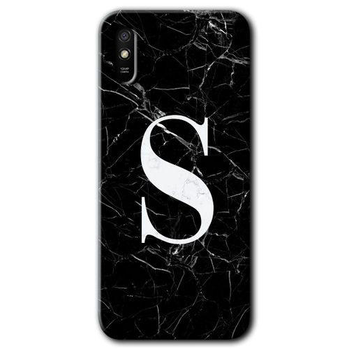 Xiaomi Redmi 9A Kılıf Baskılı Arka Kapak - Siyah Mermer Desenli S Harfi +Tam Ekran Koruyucu