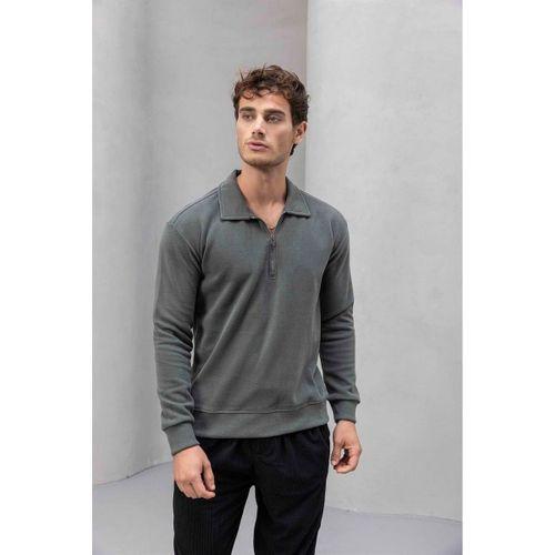 Eric Relax Fit Yarım Fermuarlı Polo Yaka Selanik Kumaş Erkek Sweatshirt - Avcı Yeşili