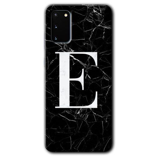 Samsung Galaxy S20 HD Baskılı Kılıf + 9D Tam Ekran Koruyucu - Siyah Mermer Desenli E Harfi