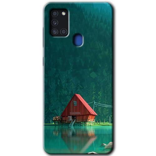 MRCİLETİSİM Samsung Galaxy A21s Kılıf HD Desen Baskılı Arka Kapak + Temperli Cam - House In Woods