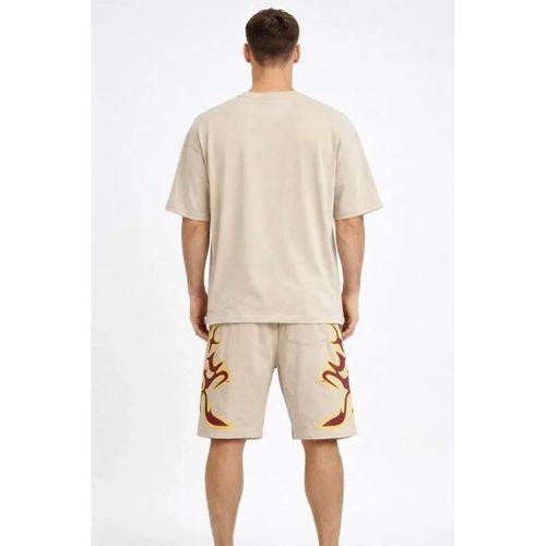 Erkek Bej Oversize Baskılı Tişört Şort Takım Cepli Şort Yazlık Rahat Günlük Kombin - Bej