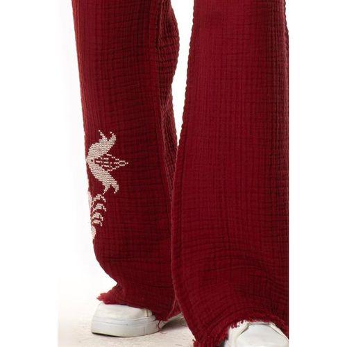 Beli Lastikli Filiz Sonbahar ve Kışlık Nakışlı Double Müslin Pantolon Bordo Brd