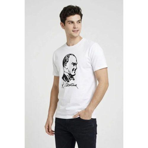Erkek Atatürk Baskılı Tişört Kısa Kollu Bisiklet Yaka T-Shirt - Beyaz