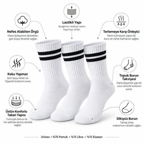 Unisex Beyaz Çorap Siyah Çizgili 9'lu Set Uzun Soket Günlük Spor Kolej Stil Kadın Erkek Çorabı