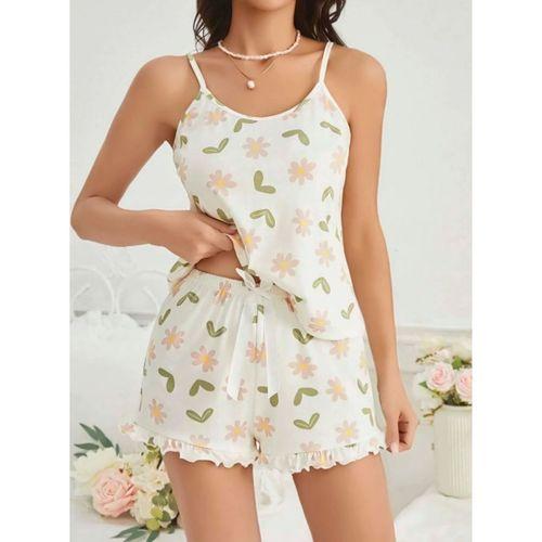 Kadın Ekru Çiçek Baskılı Şortlu Gecelik Pijama Takımı Rahat Şık 2’li Set
