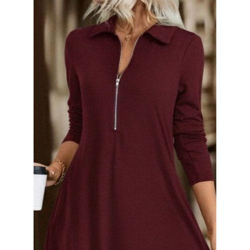 Kadın Uzun Kollu Yakalı önden Fermuarlı Uzun Viskon Iki Iplik Elbise