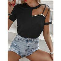 Kadın Kısa Kollu Tül Detaylı Taşlı Janjan Krep Bluz