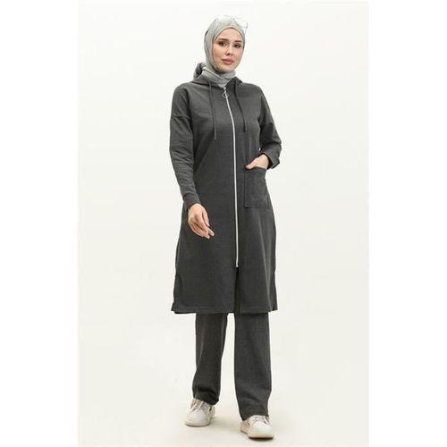 Kapşonlu Fermuarlı Yırtmaçlı Uzun Sweat Pantolon Spor İkili Takım - 03055.017 - Antrasit