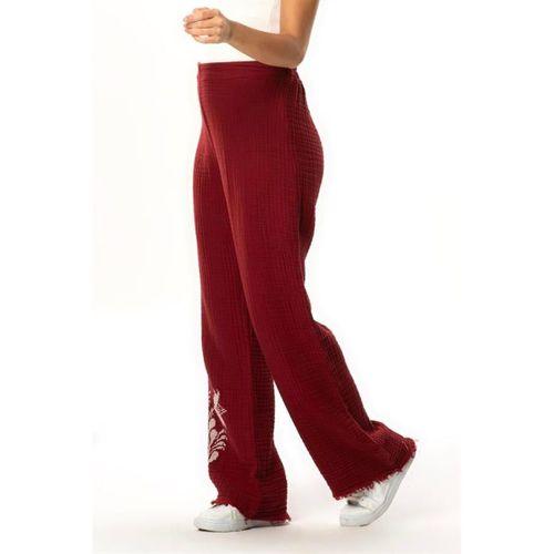 Beli Lastikli Filiz Sonbahar ve Kışlık Nakışlı Double Müslin Pantolon Bordo Brd