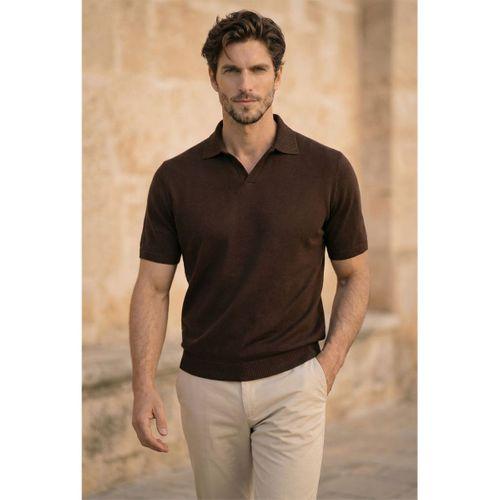 Dawson Polo V Yaka Düğmesiz Kısa Kollu Tok Kumaş Triko Erkek T-Shirt - Kahve