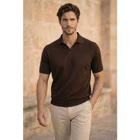 Dawson Polo V Yaka Düğmesiz Kısa Kollu Tok Kumaş Triko Erkek T-Shirt - Kahve
