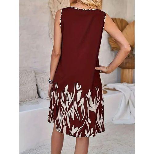 Kadın Askılı Yuvarlak Yakalı Yaprak Desenli Dalgıç Elbise