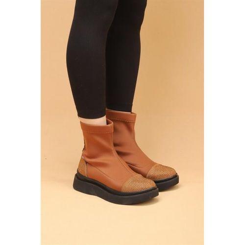 Afron Taba Renkli Taba Deri Detaylı Taşlı Siyah Taban Kışlık Kadın Bot