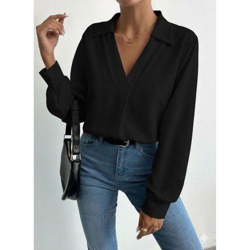 Kadın V Yaka Uzun Kollu Mosskrep Kumaş Bluz