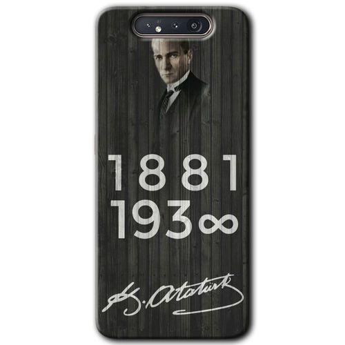Galaxy A80 Kılıf HD Desen Baskılı Arka Kapak - Atatürk Ahşap İmza + Kırılmaz Cam