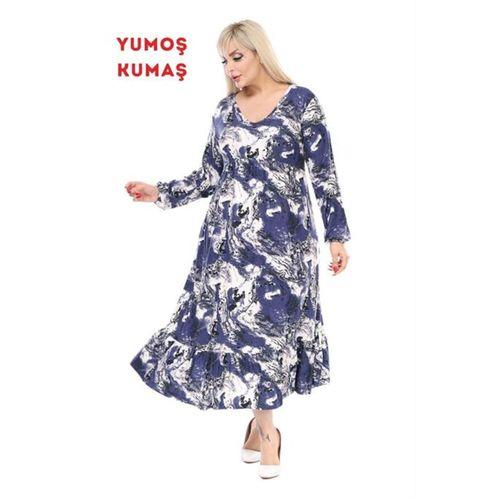 Melsay Butik Kışlık Robalı Yumoş Uzun Kollu Mavi Batik Desenli Cepli Elbise