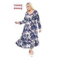 Melsay Butik Kışlık Robalı Yumoş Uzun Kollu Mavi Batik Desenli Cepli Elbise