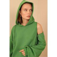 Petek Kumaş Uzun Kol Kapüşonlu Fermuar Detaylı Kadın Sweatshirt-Yeşil