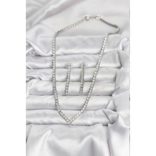 Gümüş Renk Zirkon Taşlı Kadın Kolye Küpe Seti