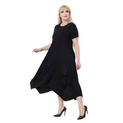 Melsay Butik Siyah Taş Baskılı Asimetrik Kısa Kollu Elbise