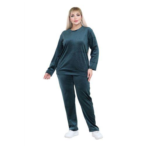 Melsay Butik Parlak Kadife Zümrüt Yeşil Yarım Garni Taşlı Kadın Eşofman Takımı