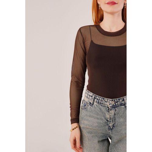 Transparan Kahverengi Tül Basic Bluz