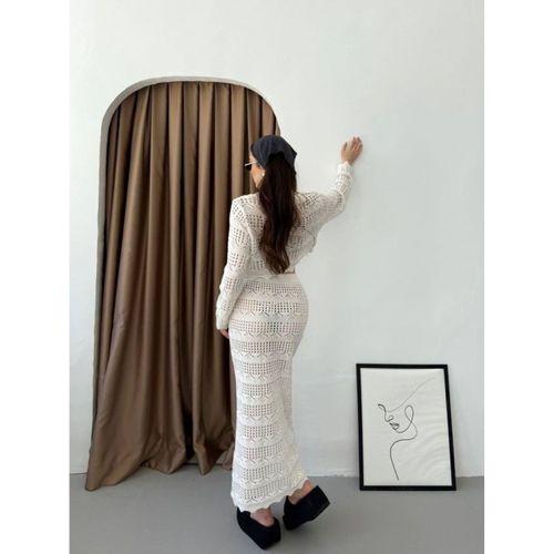 Kadın Uzun Kollu Kuş Gözü Transparan Detay Triko Bluz Ve Maxi Boy Etek Ikili Takım