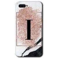 MRCİLETİSİM Oppo Rx 17 Neo Kılıf HD Desen Baskılı Arka Kapak + Temperli Cam - Pembe Mermer Desenli I Harfi