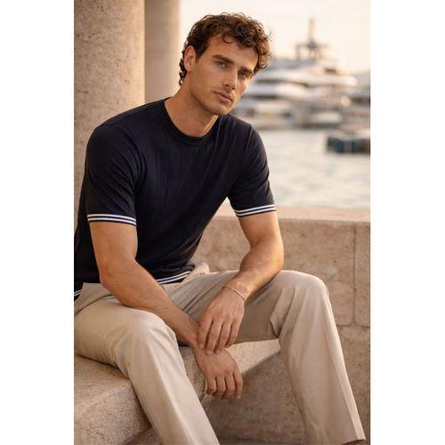 Dale Kolları Şeritli Bisiklet Yaka İnce Triko Örme Regular Fit Erkek T-Shirt - Lacivert