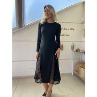 Kadın Uzun Kollu Bisiklet Yaka Sırt Dekolteli Dantel Yırtmaçlı Uzun Krep Elbise