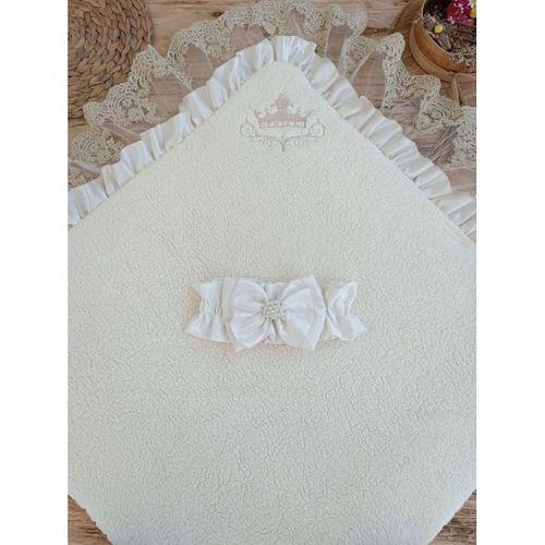 Yenidoğan Wool Yün Kumaş Taç Nakışlı Güpür Duvaklı Fiyonk Prizma Taş Unisex Kundak Bebek Battaniyesi Bej