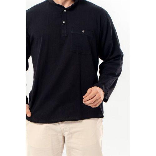 Uzun Kol Şile Bezi Tek Cepli Hakim Yaka Erkek Yazlık Tshirt Siyah 3003