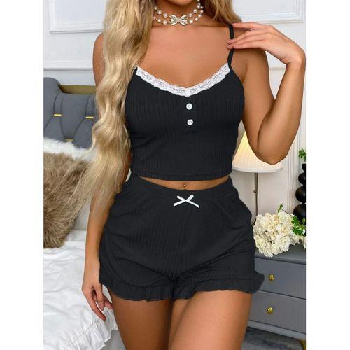 Siyah Likralı Düğmeli Yumuşacık 2li Pijama Takımı