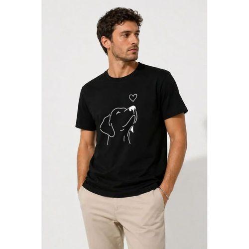 Erkek Köpek Figürlü Minimal Baskılı Tişört Kısa Kol Yazlık T-Shirt - Siyah