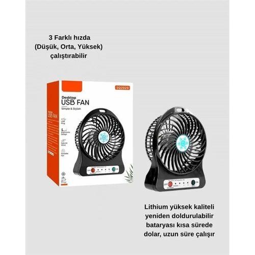 Mini Vantilatör Masaüstü – Usb Girişli, Şarjlı, 3 Kademe, Sessiz Motor, Işıklı