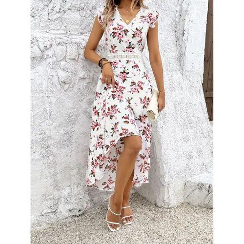 Kadın Kısa Kollu V Yakalı çiçek Desenli önü Kısa Arkası Uzun Süprem Elbise