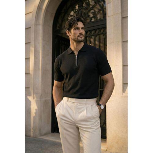 Jeff Selanik Örgü Polo Yaka Yarım Fermuarlı İnce Triko Erkek T-Shirt - Siyah
