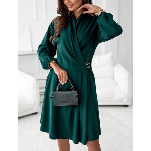 Kadın Uzun Kollu Hakim V Yakalı Yandan Toka Detaylı Ithal Mini Krep Elbise