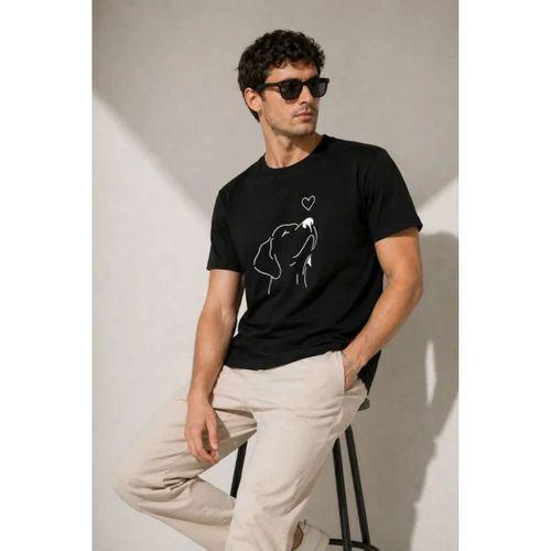 Erkek Köpek Figürlü Minimal Baskılı Tişört Kısa Kol Yazlık T-Shirt - Siyah
