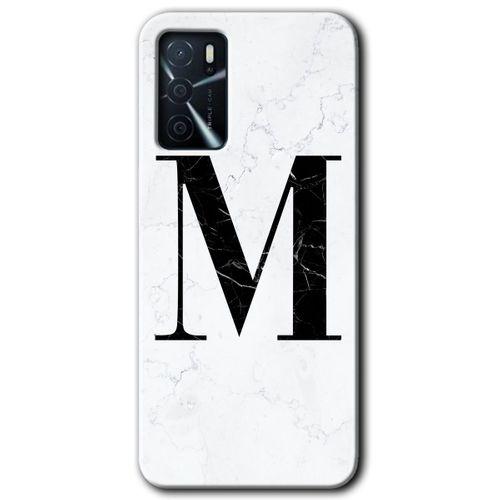 MRCİLETİSİM Oppo A16 Kılıf HD Desen Baskılı Arka Kapak + Temperli Cam - Beyaz Mermer Desenli M Harfi