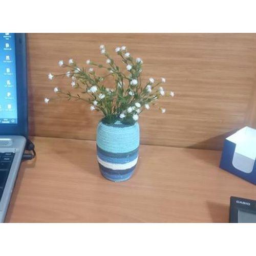 2 Adet Vazo Dahil,Vazoda Çiçek,Beyaz Yapay Çiçek,Vazo Dekoratif Mavi Örgü Poliresin 7X7X16Cm