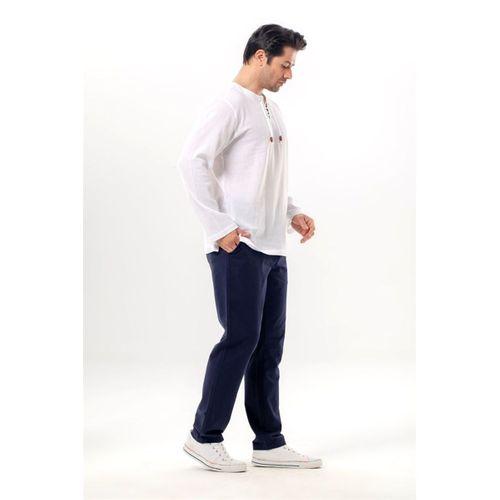 Büyük Beden Şile Bezi Uzun Kol Zımbalı Erkek Yazlık Tshirt Beyaz 3001